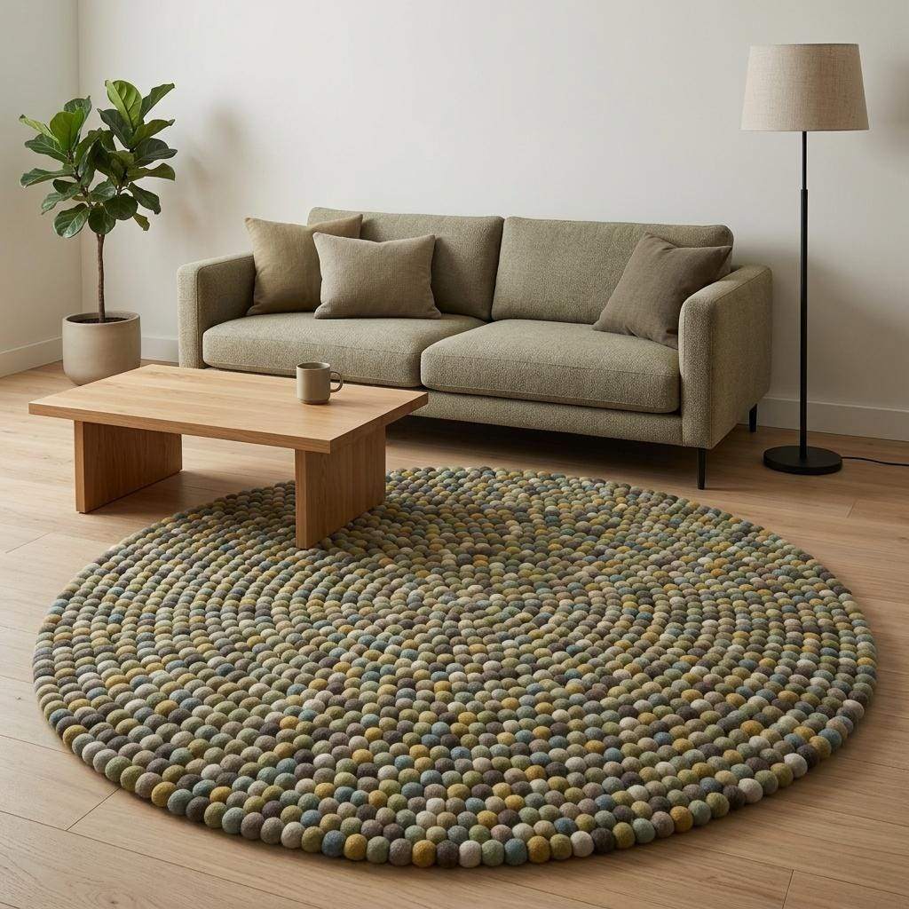 Handmade wool felt ball rug in sage green and earthy tones, round nursery carpet with boho playroom decor