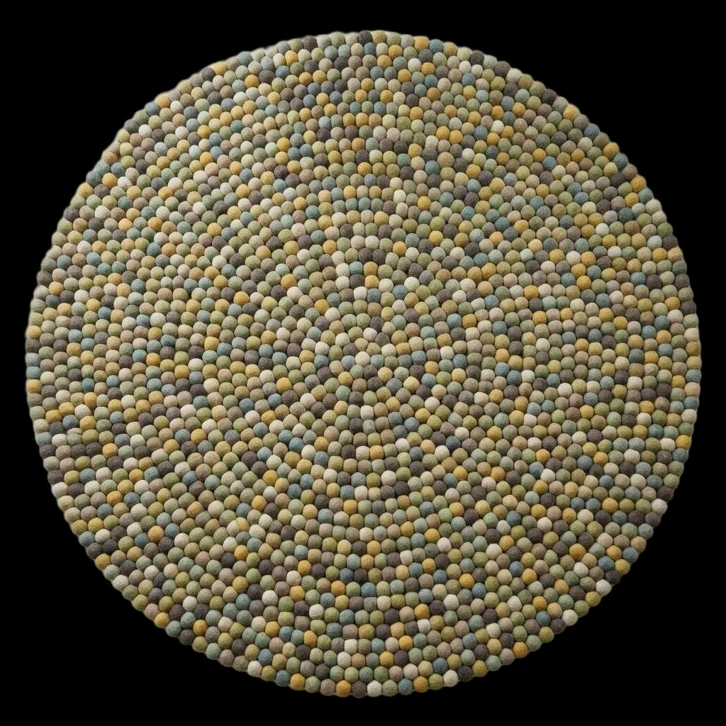 Handmade wool felt ball rug in sage green and earthy tones, round nursery carpet with boho design