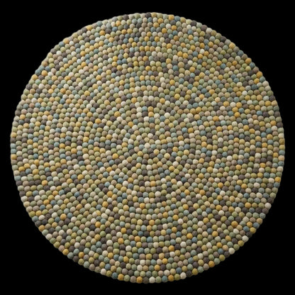 Handmade wool felt ball rug in sage green and earthy tones, round nursery carpet with boho design