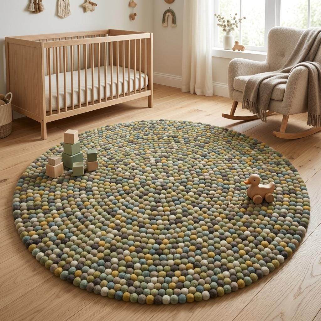 Handmade wool felt ball rug in sage green and earthy tones for nursery and playroom decor