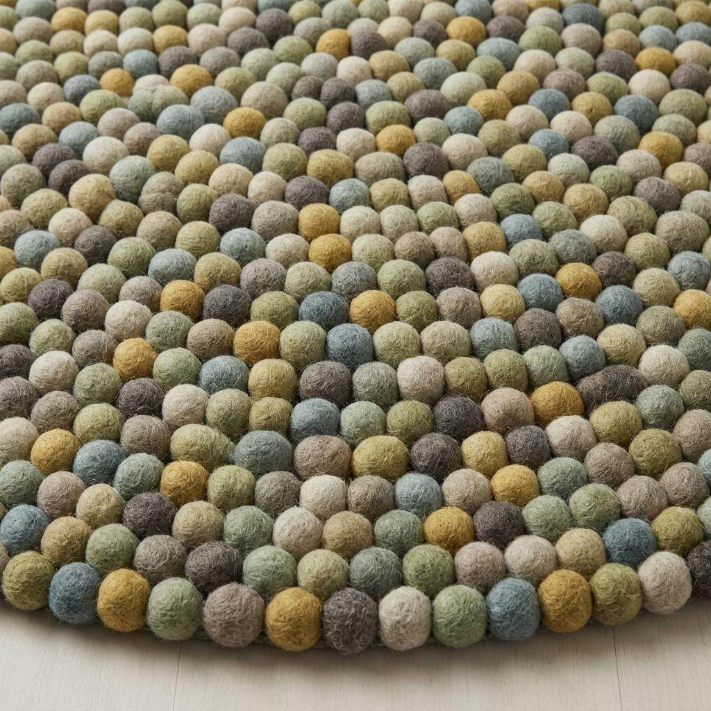 Handmade wool felt ball rug in sage green with earthy tones, round nursery and playroom decor