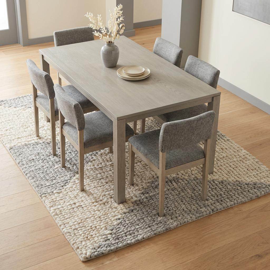 Handwoven chunky wool rug in neutral cream, beige, and gray tones with subtle geometric pattern for Scandinavian and minimalist interiors