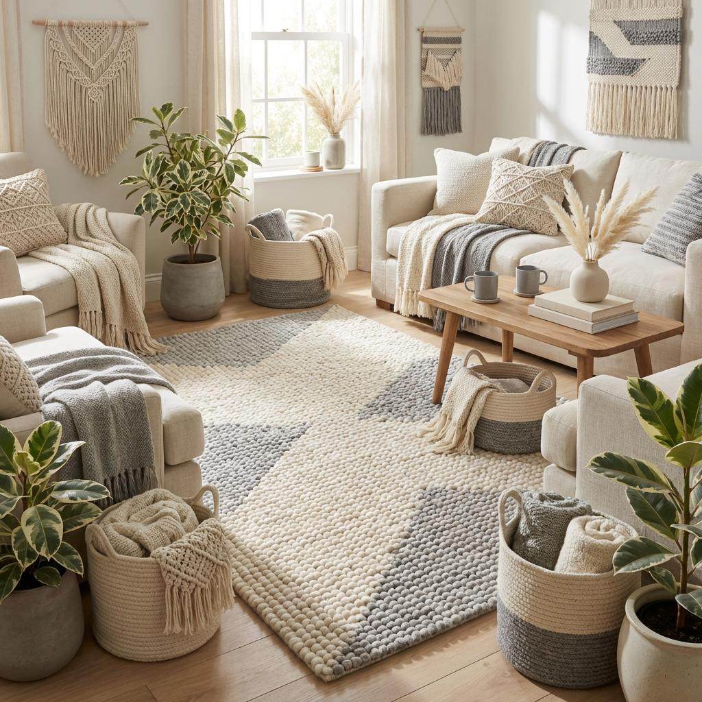 Handwoven chunky wool rug in neutral cream, beige, and gray tones with a subtle geometric pattern for Scandinavian and minimalist interiors