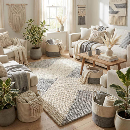 Handwoven chunky wool rug in neutral cream, beige, and gray tones with a subtle geometric pattern for Scandinavian and minimalist interiors