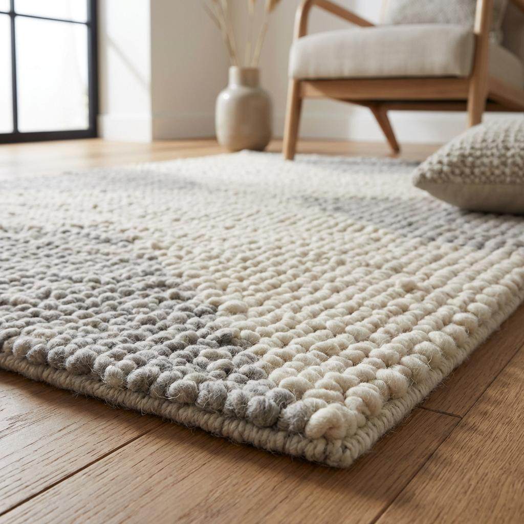Handwoven chunky wool rug in neutral cream, beige, and gray tones with a subtle geometric pattern for Scandinavian and minimalist interiors
