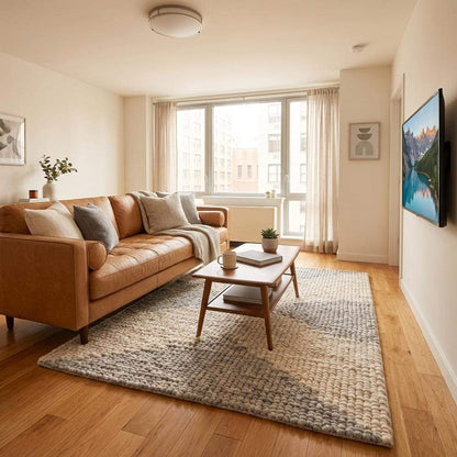 Handwoven chunky wool rug in neutral cream, beige, and gray tones with a subtle geometric pattern, perfect for Scandinavian and modern interiors
