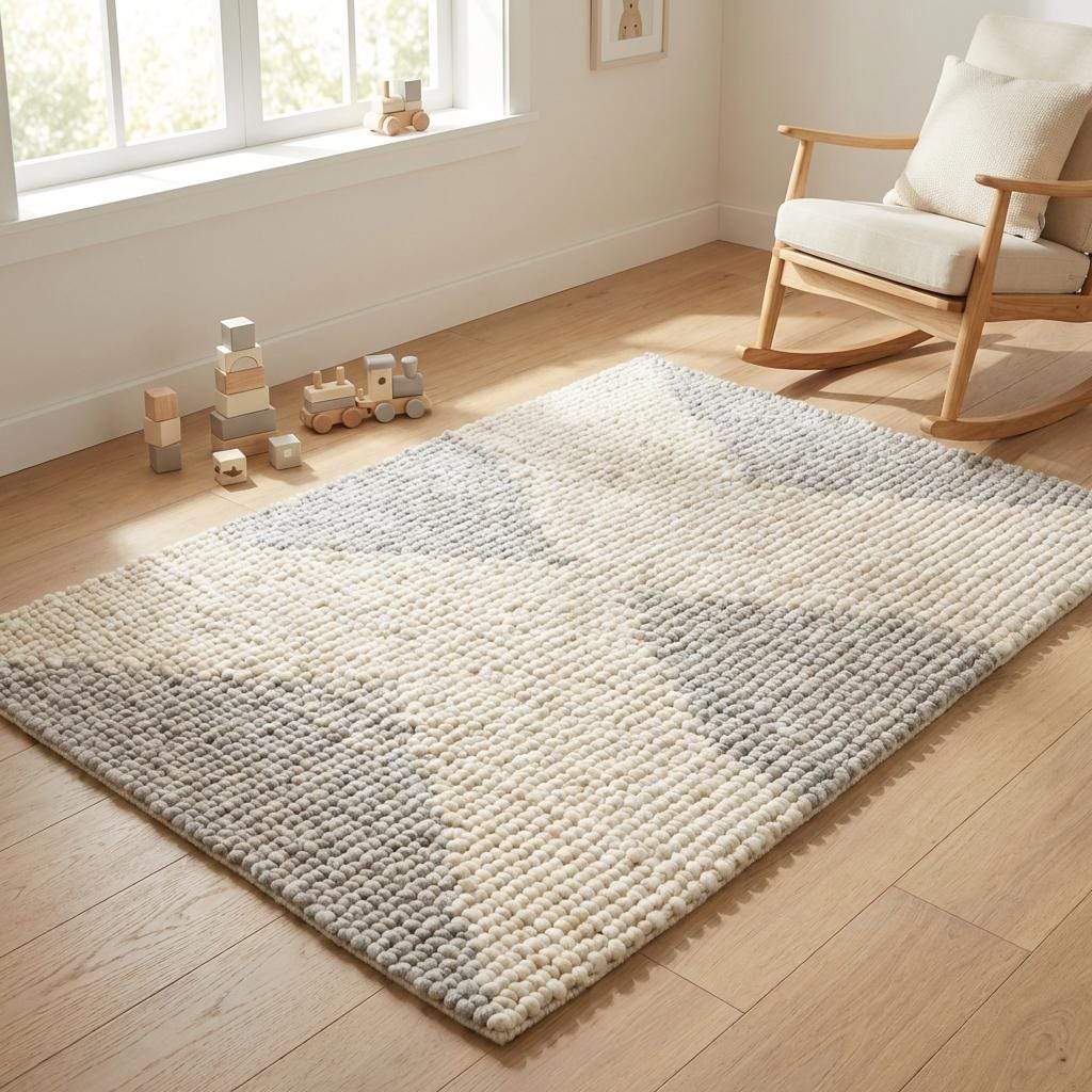 Handwoven chunky wool rug in neutral Scandinavian style with cream, beige, and gray tones for cozy modern interiors