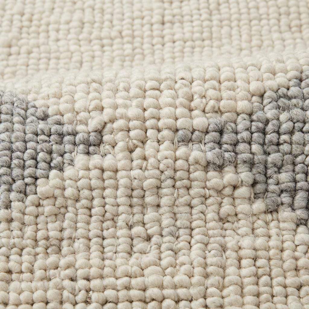 Handwoven chunky wool rug in neutral cream, beige, and gray tones with subtle geometric pattern for Scandinavian and minimalist interiors