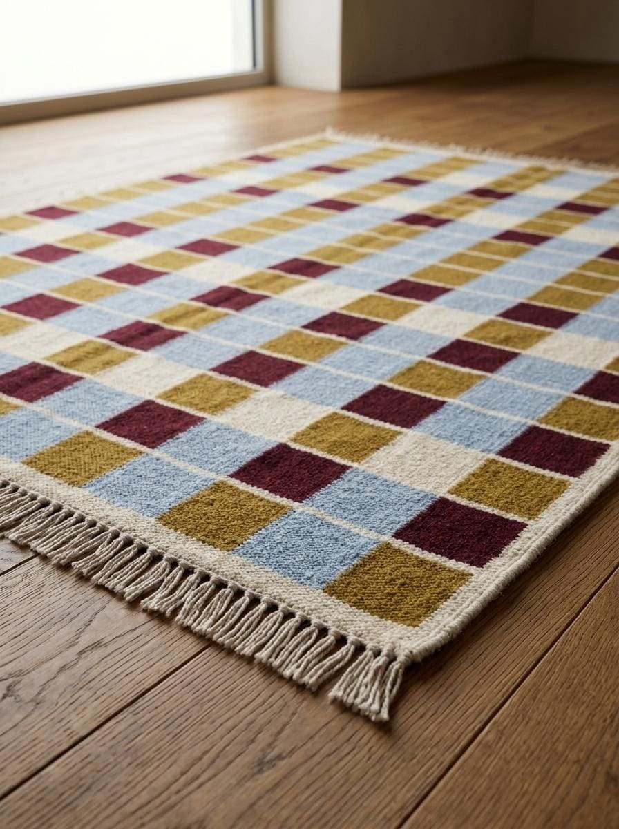Handwoven flatweave checkered wool rug with mustard, dusty blue, burgundy, and ivory geometric grid design for modern living room decor