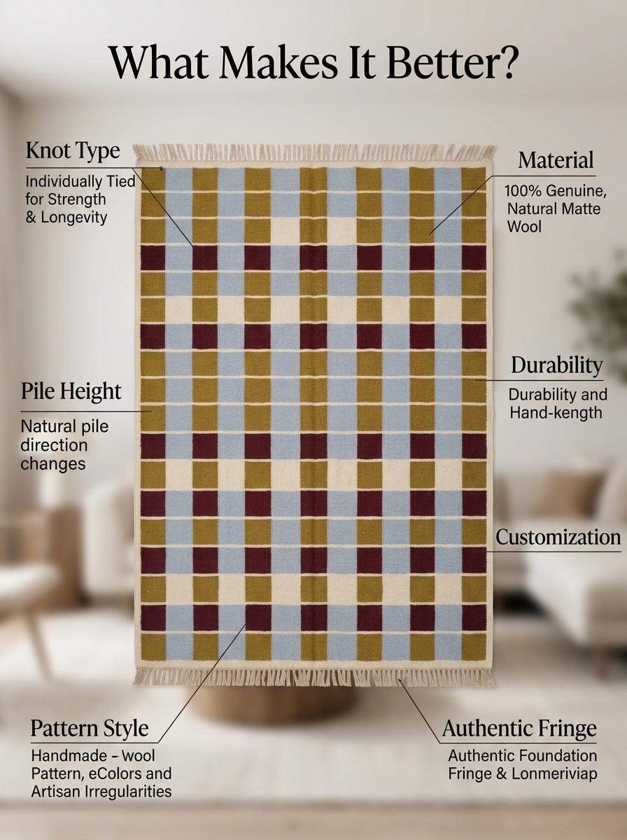 Handwoven flatweave checkered rug in mustard, dusty blue, burgundy, and ivory geometric pattern for modern living room decor