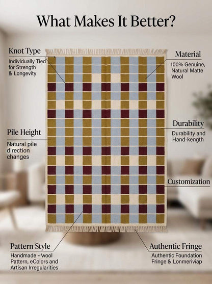 Handwoven flatweave checkered rug in mustard, dusty blue, burgundy, and ivory geometric pattern for modern living room decor