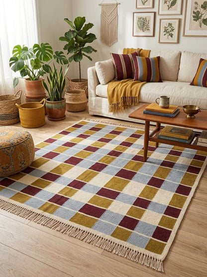 Handwoven flatweave checkered rug in mustard, dusty blue, burgundy, and ivory geometric design for modern living room decor