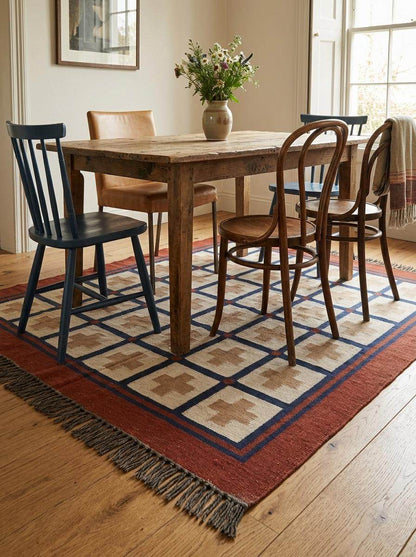 Handwoven flatweave wool rug with southwestern cross geometric pattern in rust, navy, ivory, and camel colors