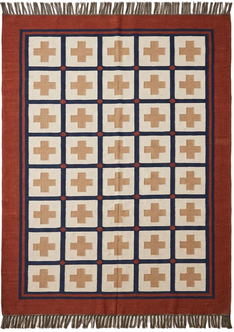 Handwoven Flatweave Wool Rug, Southwestern Cross Dhurrie, Rust Navy Geometric Carpet for Living Room