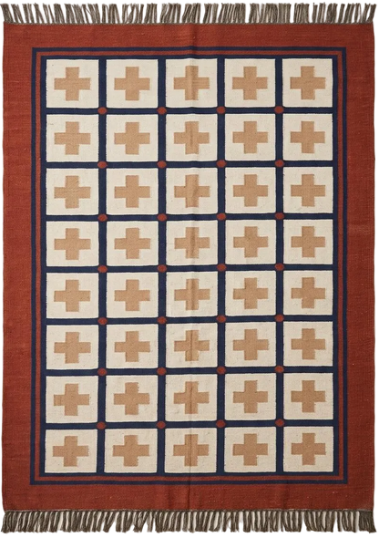 Handwoven Flatweave Wool Rug, Southwestern Cross Dhurrie, Rust Navy Geometric Carpet for Living Room