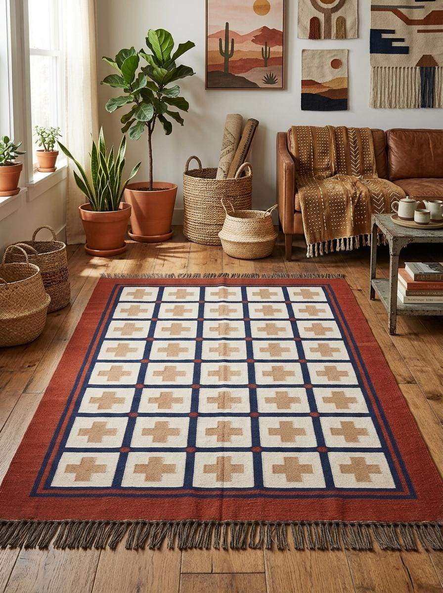 Handwoven flatweave wool rug with Southwestern rust and navy geometric cross design, reversible and low-profile for living room.