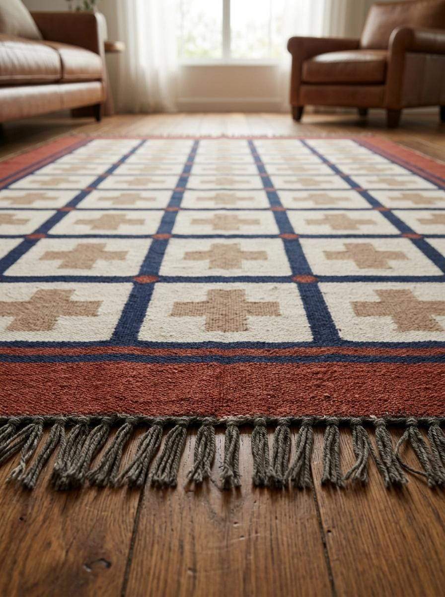 Handwoven flatweave wool rug with southwestern rust and navy geometric cross design