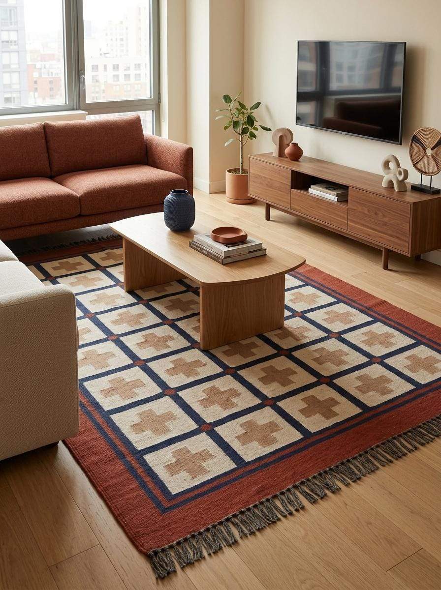 Handwoven flatweave wool rug with southwestern cross geometric pattern in rust and navy colors