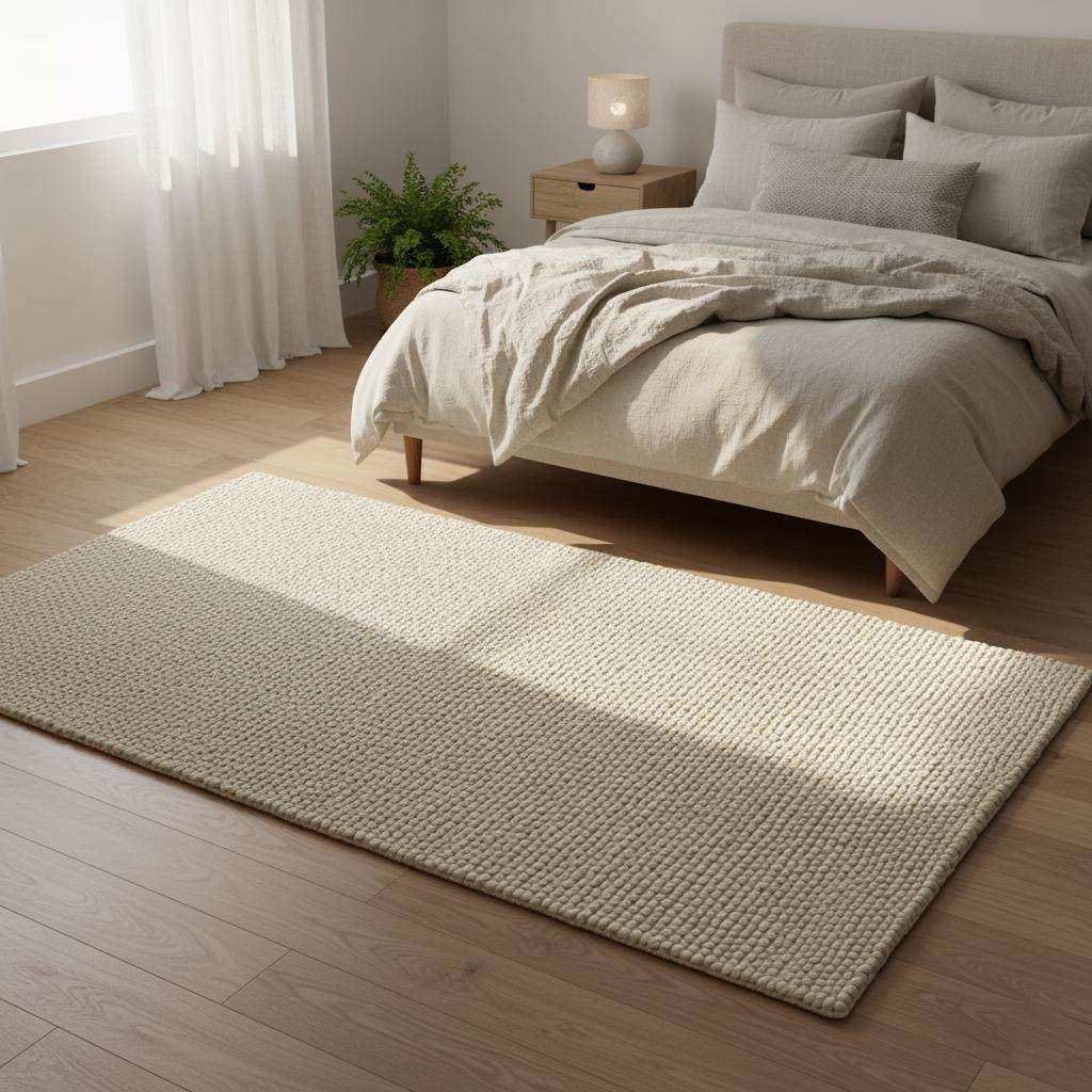 Handwoven Neutral Wool area rug in a soft beige tone with a loop-textured, natural wool fiber surface, ideal for cozy, minimalist interiors.