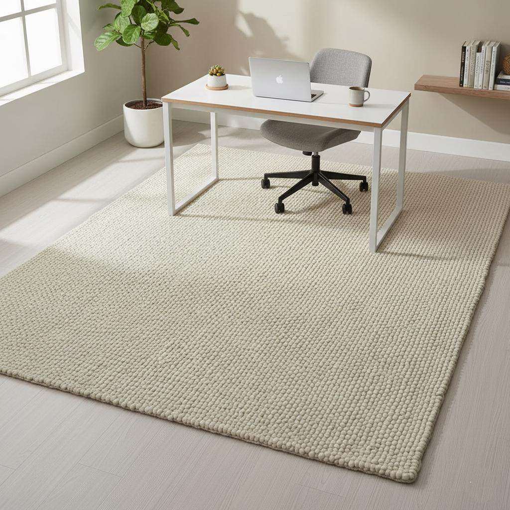 Handwoven Neutral Wool area rug in a soft beige tone with a loop-textured surface, natural wool fibre, and cozy tactile feel.