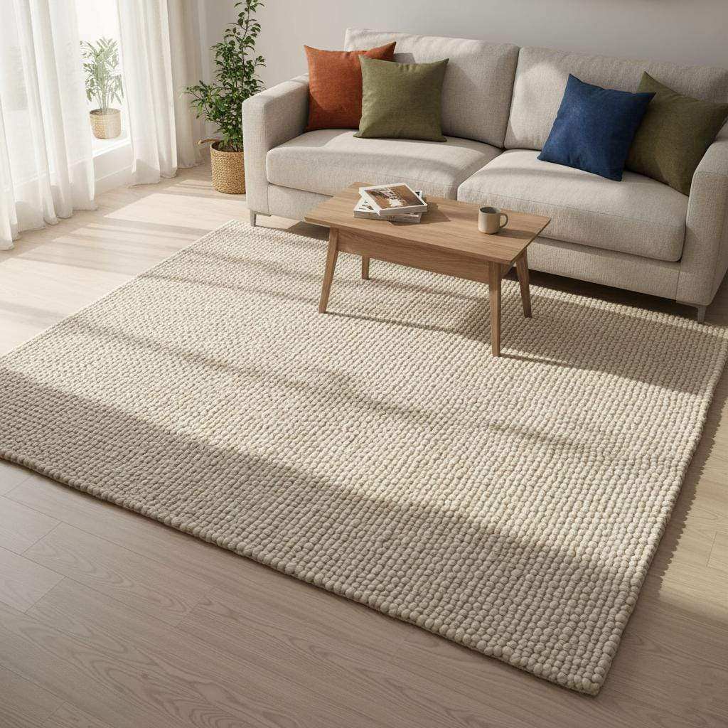Handwoven Neutral Wool area rug in beige with a loop-textured surface, natural fibre, cozy tactile wool carpet.