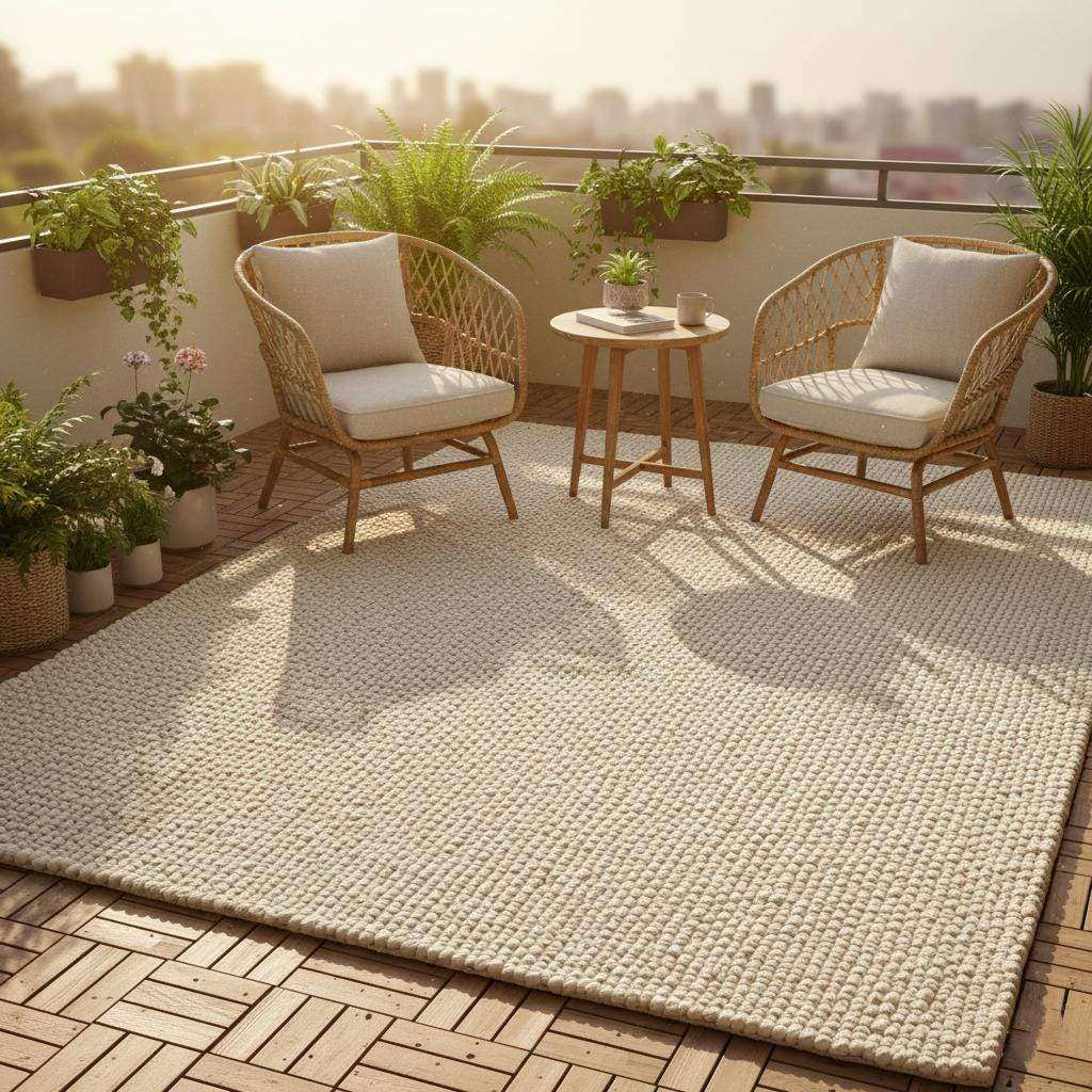 Handwoven Neutral Wool area rug in light beige with loop texture, natural wool fibers, placed on wood patio flooring with outdoor chairs and plants.