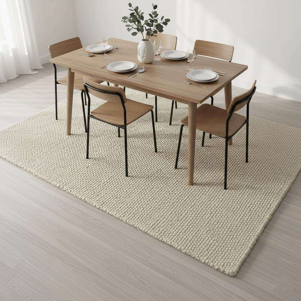 Handwoven Neutral Wool area rug in a soft beige tone with a loop-textured natural wool fibre surface beneath a dining table.