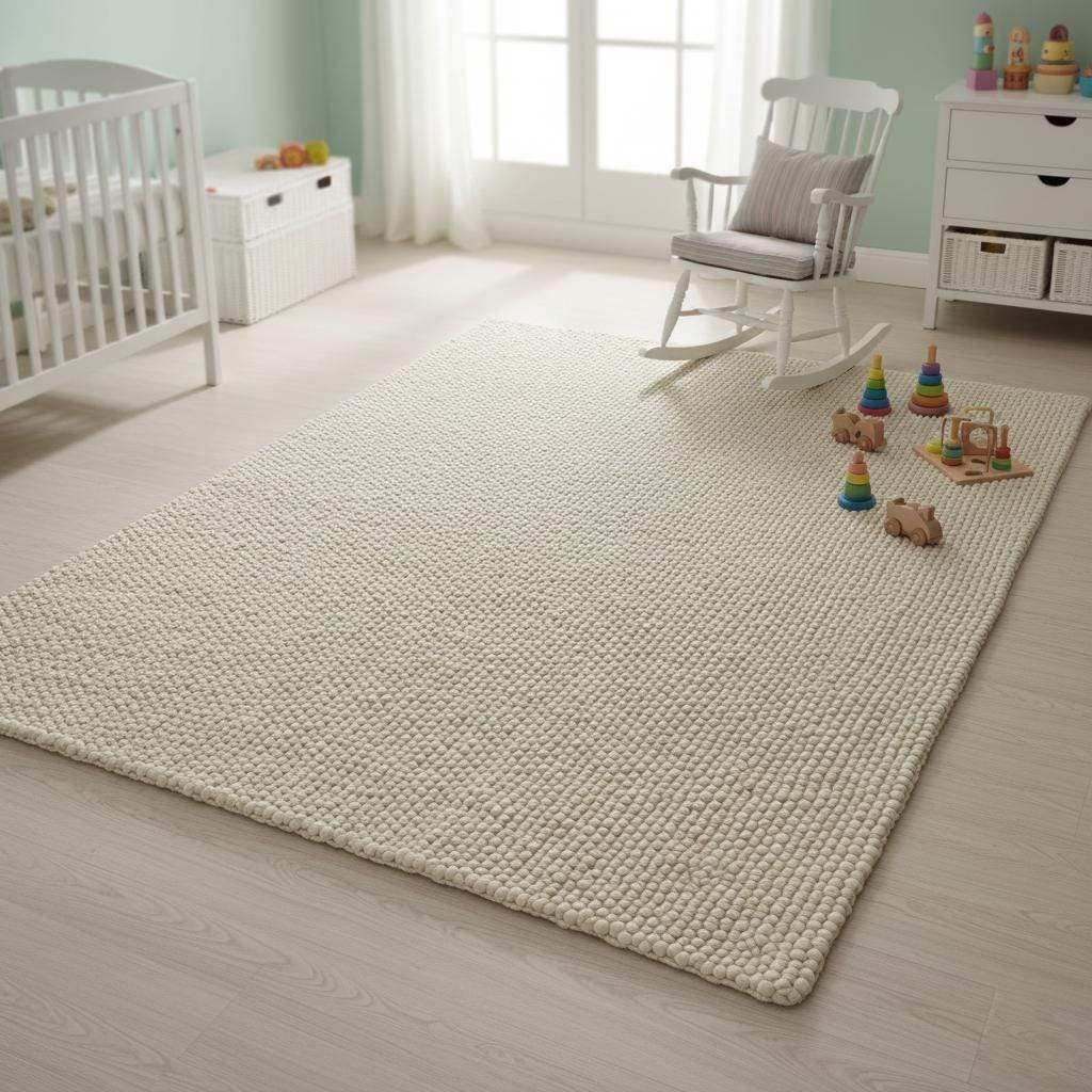 Handwoven Neutral Wool area rug in a soft natural beige color with loop texture, perfect for cozy minimalist interiors.