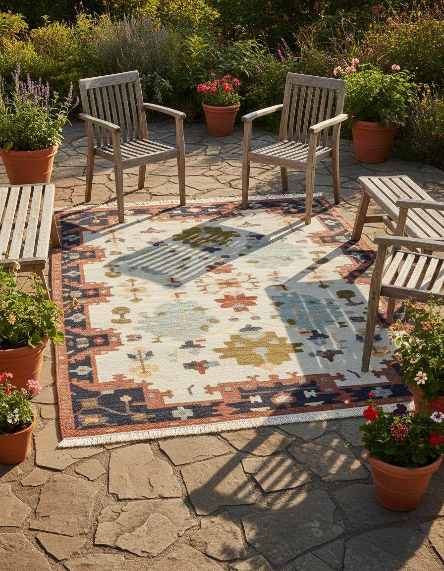 Handwoven Southwestern kilim rug with cream, rust, navy geometric patterns and fringed edges