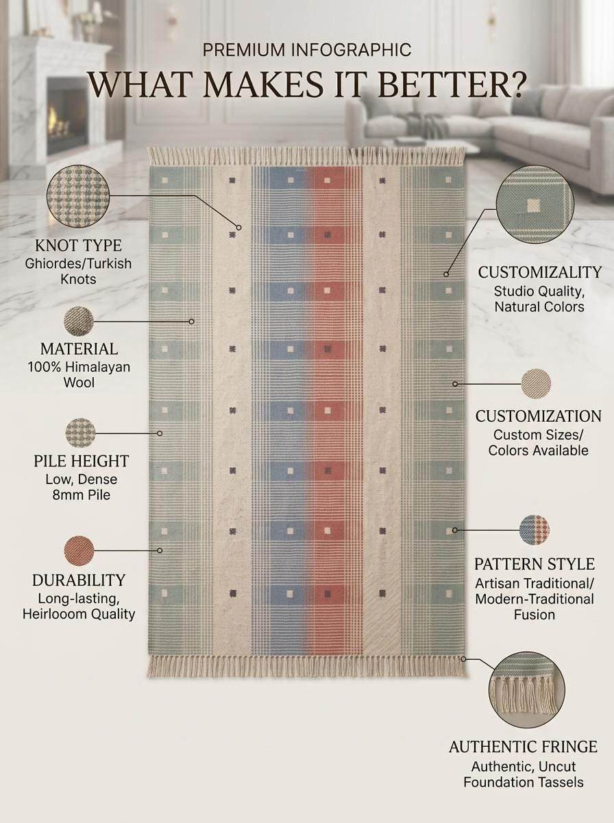 Handwoven tartan flatweave rug in sage green, terracotta, and cream with plaid design in modern Scandinavian living room.