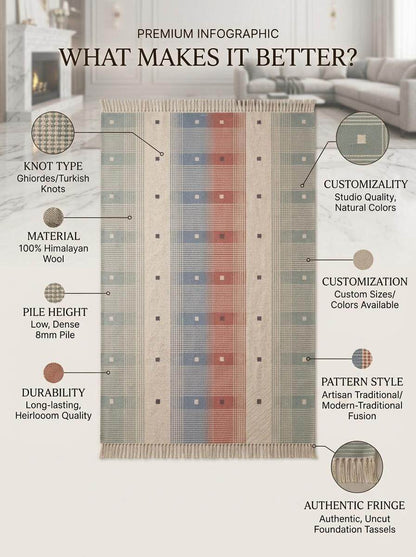 Handwoven tartan flatweave rug in sage green, terracotta, and cream with plaid design in modern Scandinavian living room.