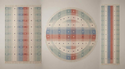 Handwoven tartan flatweave rug in sage green and terracotta with Scandinavian modern plaid design