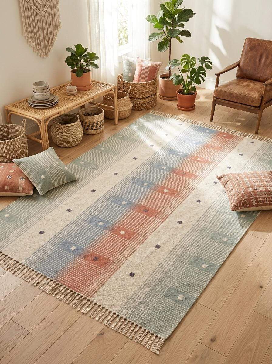 Handwoven tartan flatweave rug in sage green and terracotta with modern Scandinavian plaid design