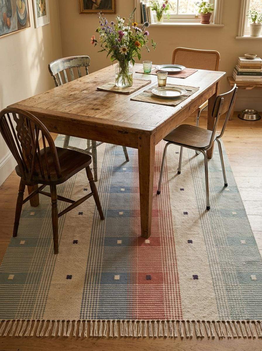 Handwoven tartan flatweave rug in sage green, terracotta, and cream for modern Scandinavian living room decor
