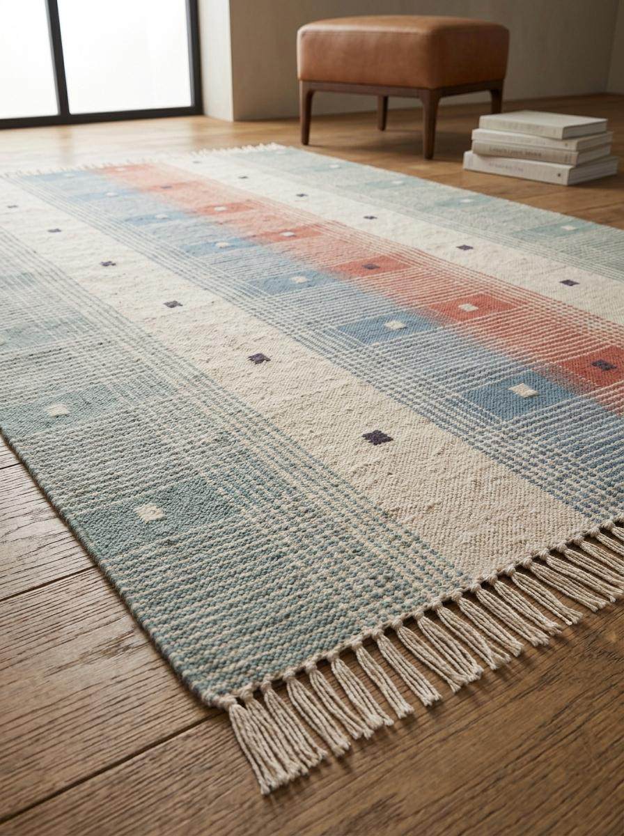 Handwoven tartan flatweave rug in sage green and terracotta with Scandinavian modern plaid design
