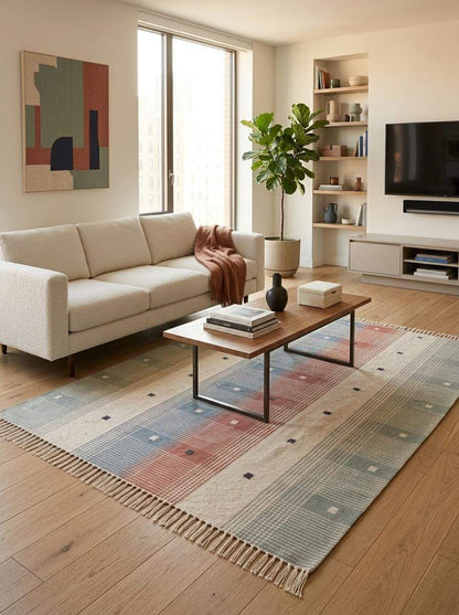 Handwoven tartan flatweave rug in sage green and terracotta with modern Scandinavian plaid design