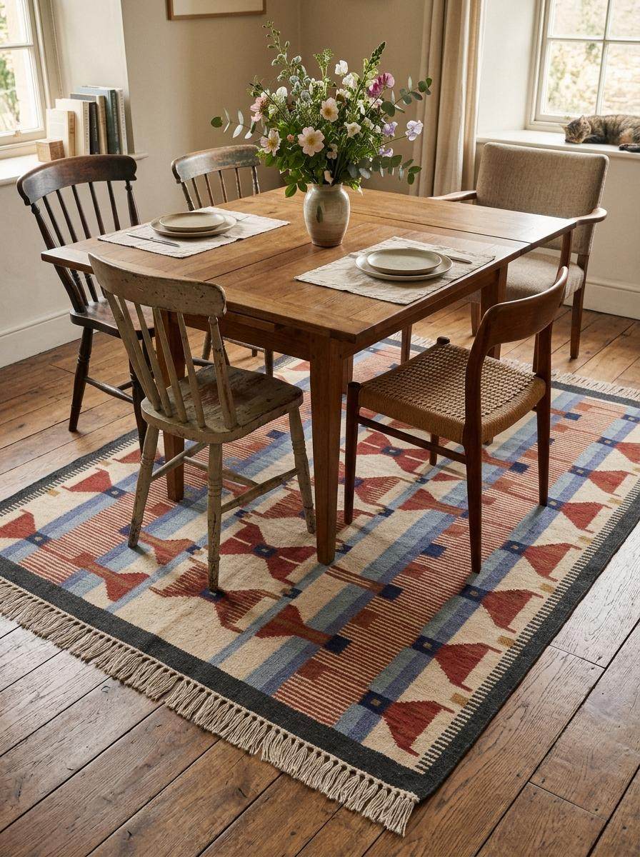 Handwoven wool flatweave rug with geometric kilim design in terracotta, blue, and cream colors for living room and Scandinavian Southwestern style