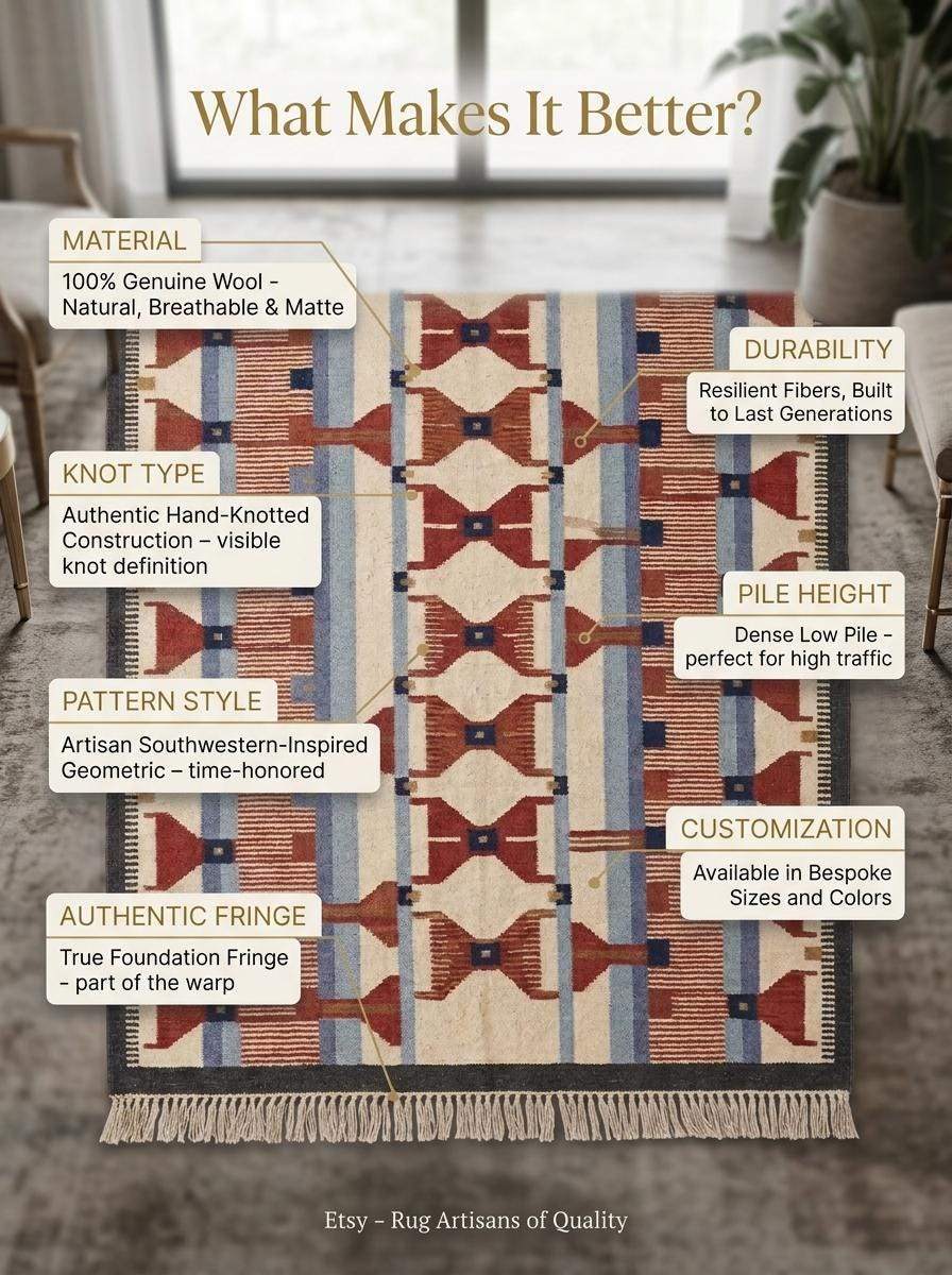 Handwoven wool flatweave rug with geometric kilim design in terracotta, blue, and cream colors for living room decor