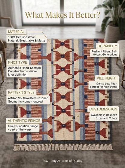 Handwoven wool flatweave rug with geometric kilim design in terracotta, blue, and cream colors for living room decor