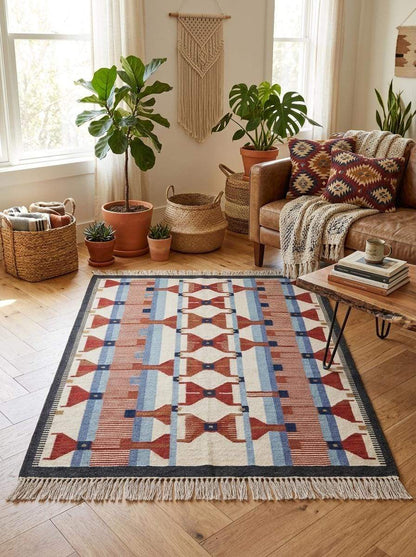 Handwoven wool flatweave rug with geometric kilim design in terracotta, blue, and cream colors for living room decor
