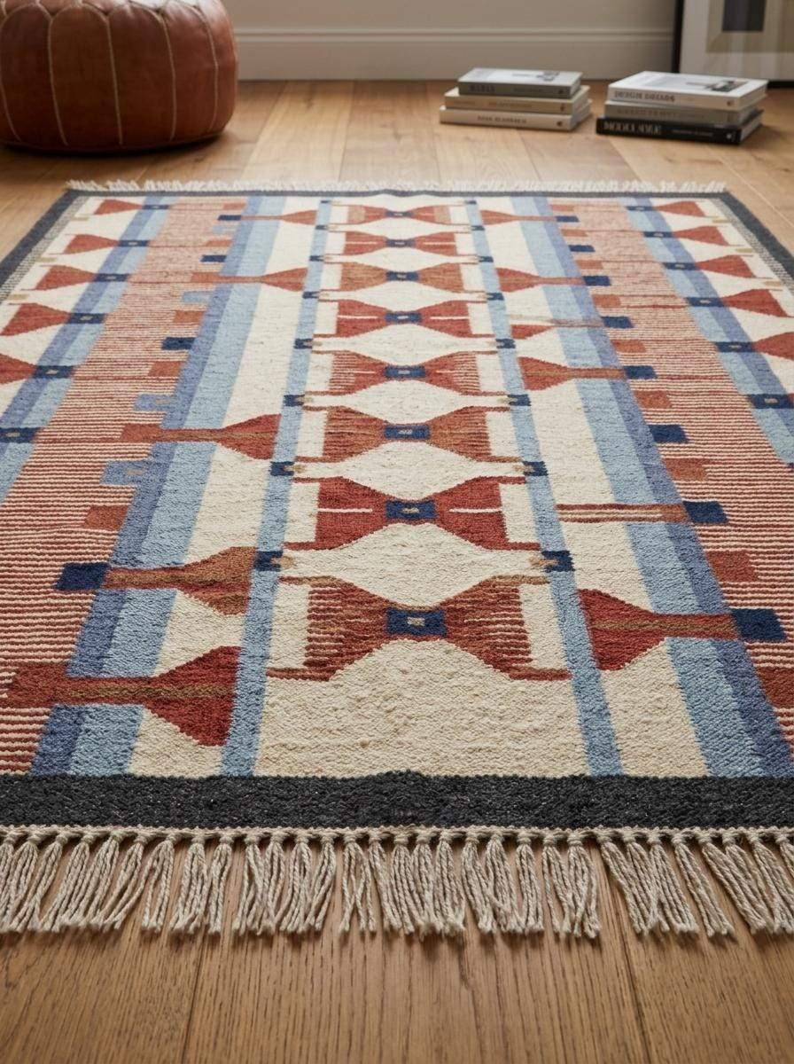Handwoven wool flatweave rug with geometric kilim pattern in terracotta, blue, ivory, and mustard tones