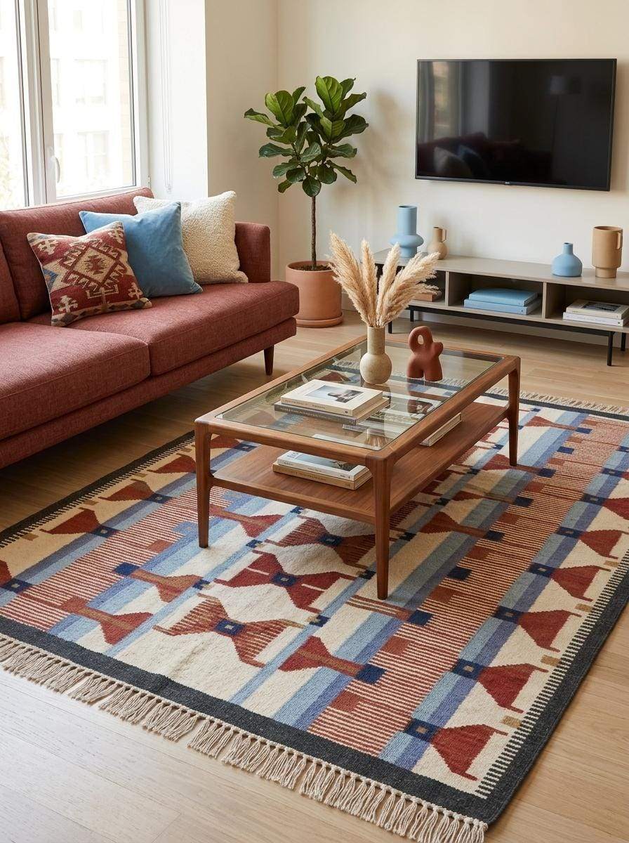 Handwoven wool flatweave kilim rug with geometric patterns in terracotta, blue, and ivory for living room decor