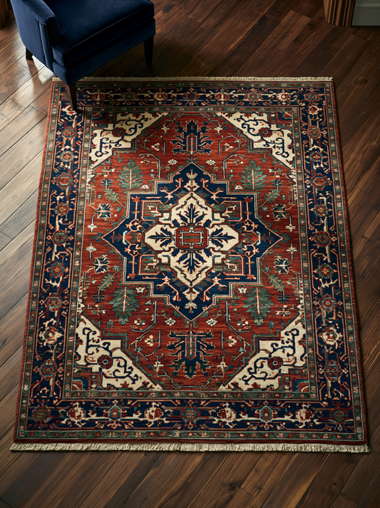 Heriz Hand Knotted Wool Rug, Rust Red and Navy Medallion