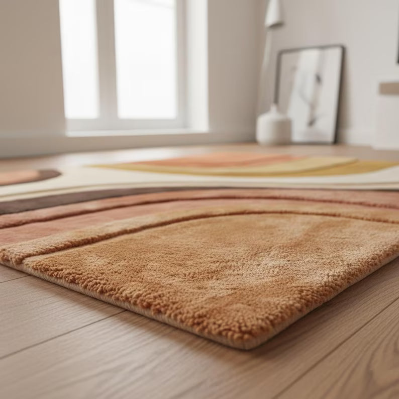 Mid Century Modern abstract hand-tufted area rug with terracotta, mustard, and cream geometric design