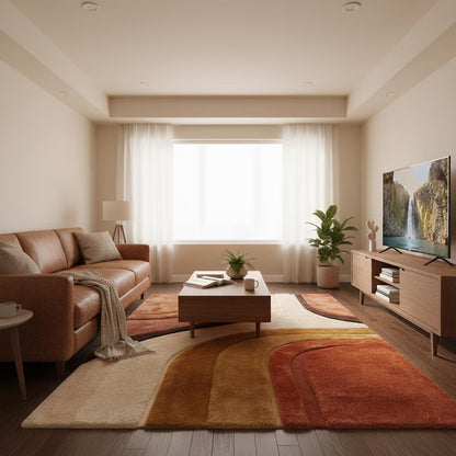 Mid Century Modern abstract area rug with terracotta, mustard, and cream geometric design, hand-tufted plush texture for retro living room decor