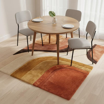 Mid Century Modern abstract hand-tufted area rug with terracotta, mustard, and cream geometric design