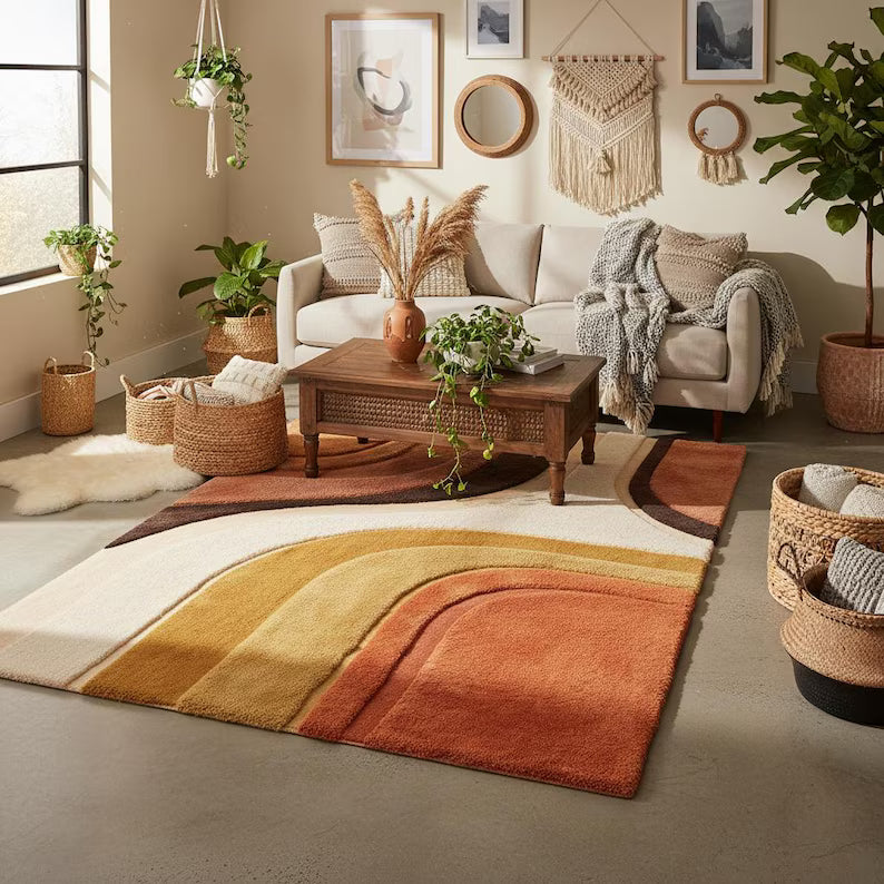 Mid century modern abstract area rug with hand-tufted plush geometric design in terracotta, mustard, and cream colors