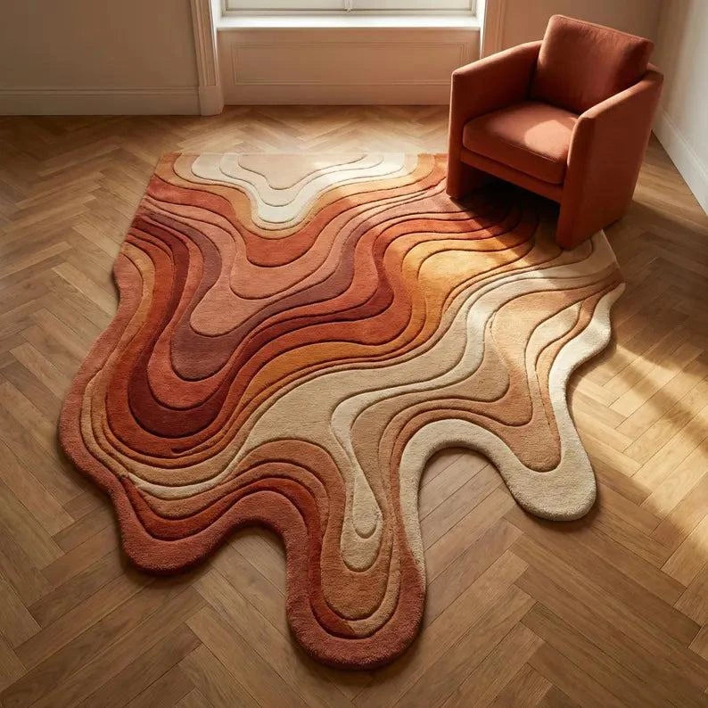 Melting abstract rug with wavy contours and irregular modern design in plush texture