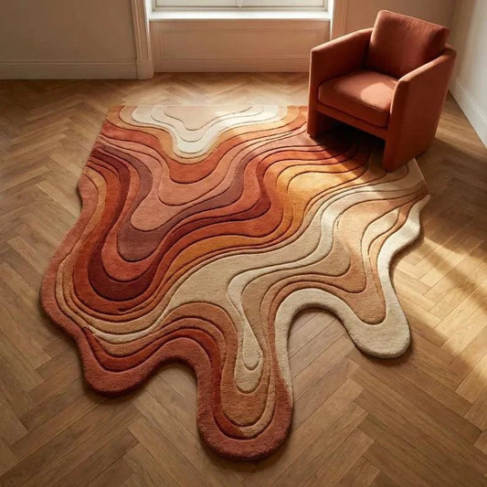 Melting abstract rug with wavy contours and irregular modern design in plush texture