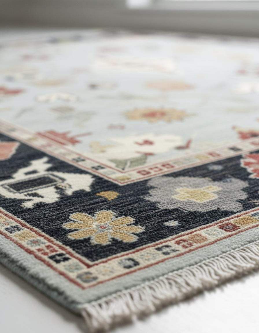 Light Blue Oushak Rug with navy border and floral medallion design, hand-tufted wool carpet